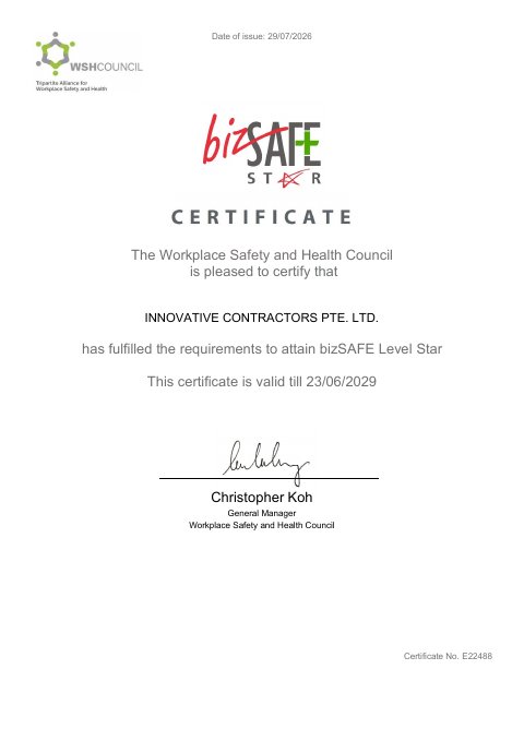 bizSAFE Level Star certificate issued to Innovative Contractors Pte. Ltd.