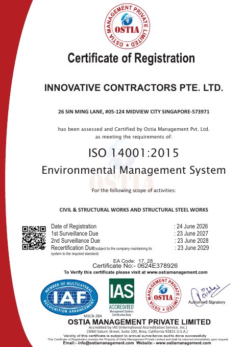 ISO 14001:2015 certificate issued to Innovative Contractors Pte. Ltd.
