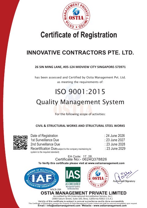 ISO 9001:2015 certificate issued to Innovative Contractors Pte. Ltd.